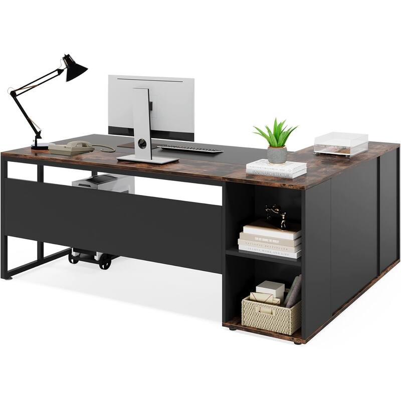 71 inch Executive Desk, L Shaped Desk with Cabinet Storage, Executive Office Table with Shelves