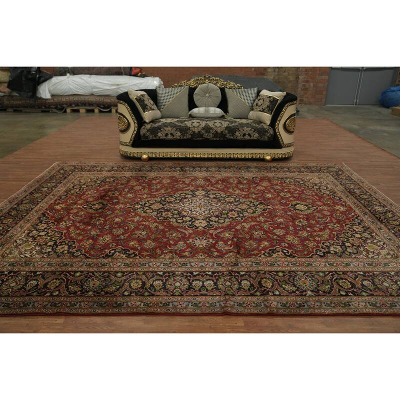 Hand Knotted Oriental 100% Wool Carpet Traditional Floral Red Mashad Area Rug - 12' 10'' X 9' 10''