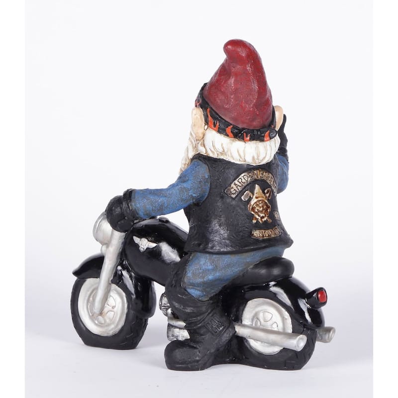 9.25" Biker Gnome Giving a Peace Sign Garden Statue