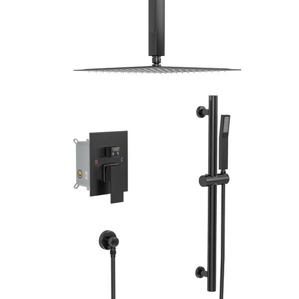 slide 2 of 10, Lordear Shower System - 16 inch Rainfall Shower head and Handheld Shower Set with Valve Combo Black