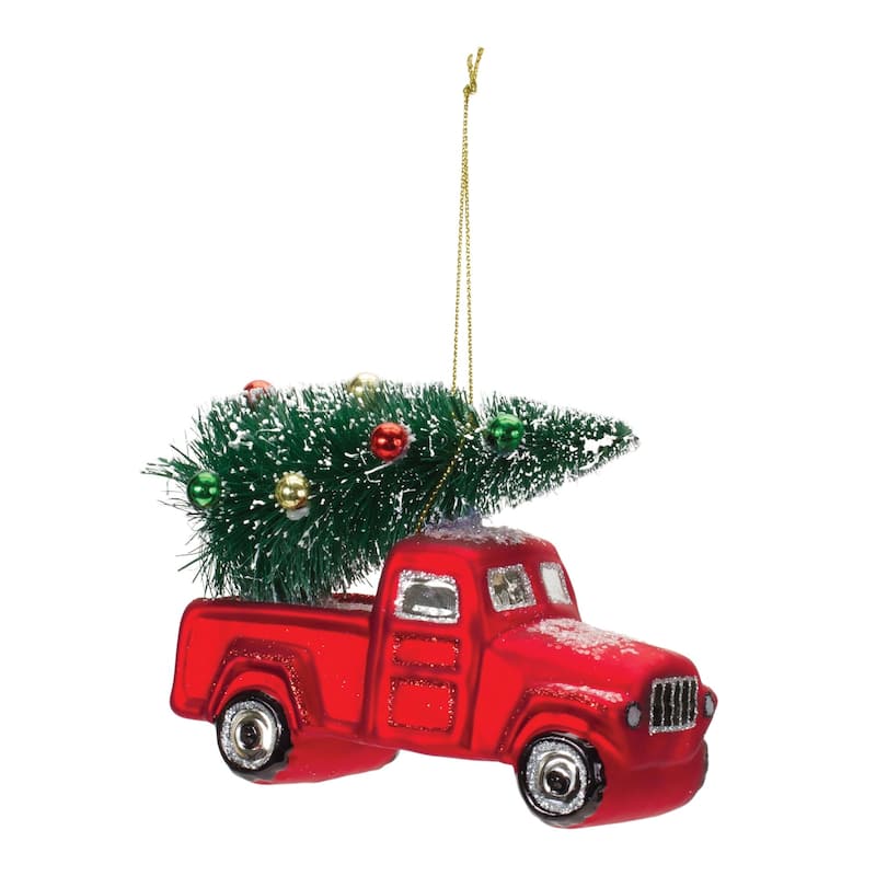 Set of 6 Glittered Glass Pickup Truck Christmas Ornaments 4.25"