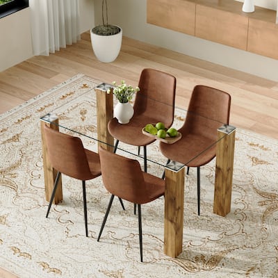 49.6" Glass Dining Table Set for 4, 5 Piece Dining Table Set with Wood Legs, Kitchen Table Set for 4 with Chairs for Living Room