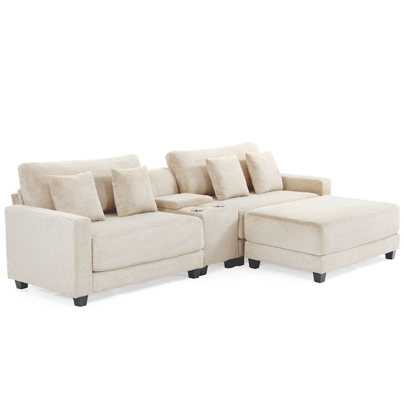 Oversized Corduroy Upholstered Sofa with a Removable Ottoman & 4 Pillows