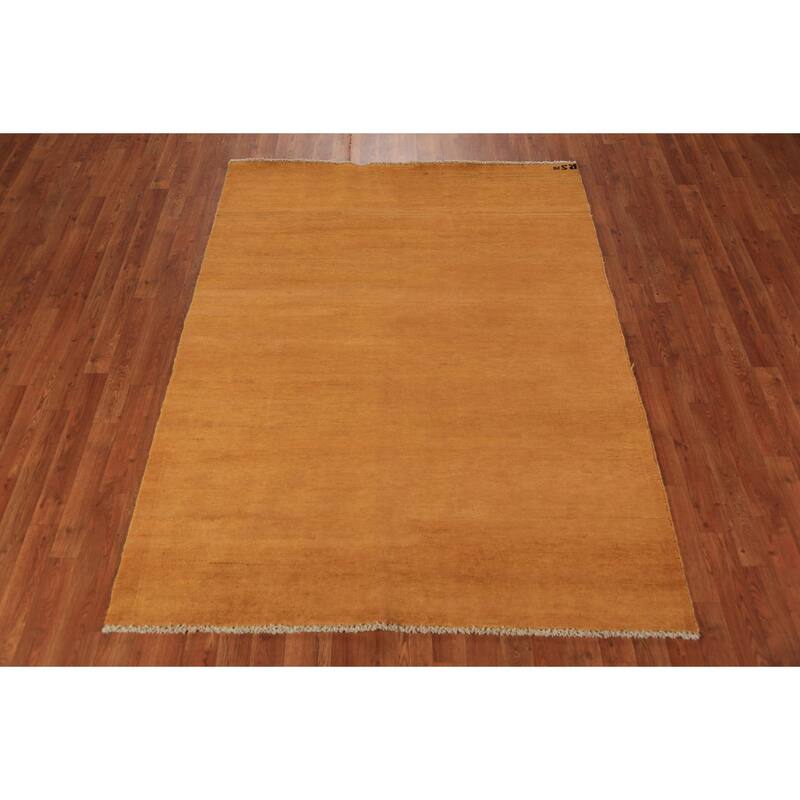 Modern Gabbeh Oriental Rug Handmade Solid Yellow Wool Carpet - 5'0" x 6'6"