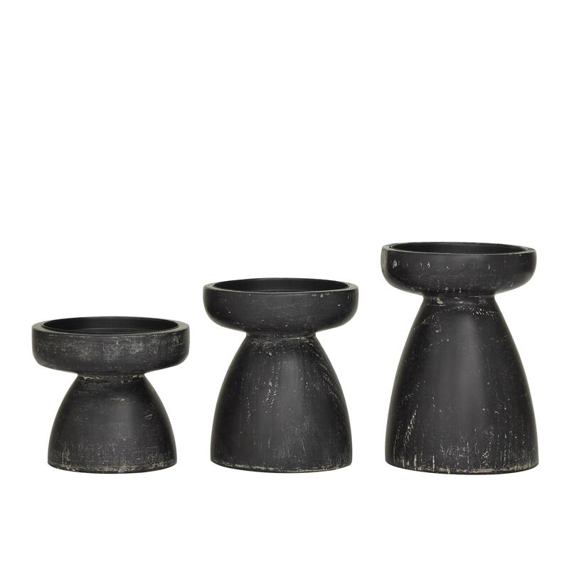 Black Wood Short Wide Distressed Decorative Candle Holder (Set of 3)
