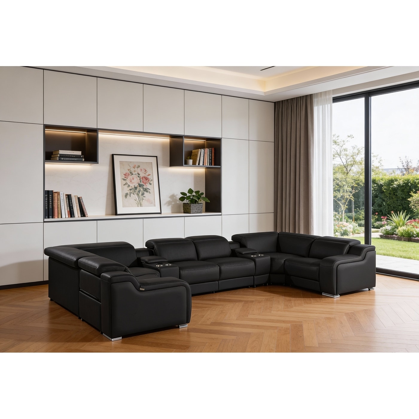 HomeRoots Black Italian Leather Power Reclining U Shaped Eight Piece Corner Sectional With Console
