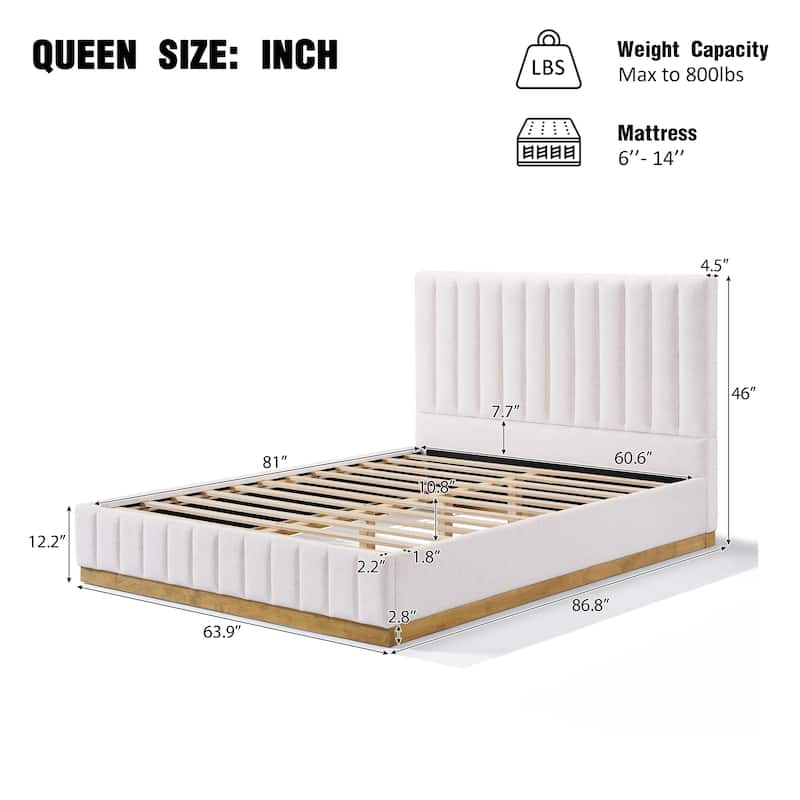 Beige Platform Bed Frame Stripe Linen Thick Upholstered Headboard Footboard, Solid Wooden Base Frame
