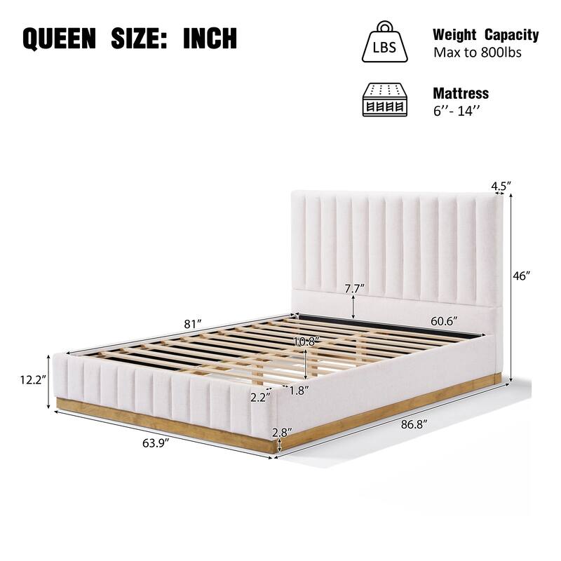Upholstered Bed Frame Linen Fabric Platform Bed with 46''H Thick Headboard/Solid Wood Base/No Box Spring Needed/Noise Free/Beige