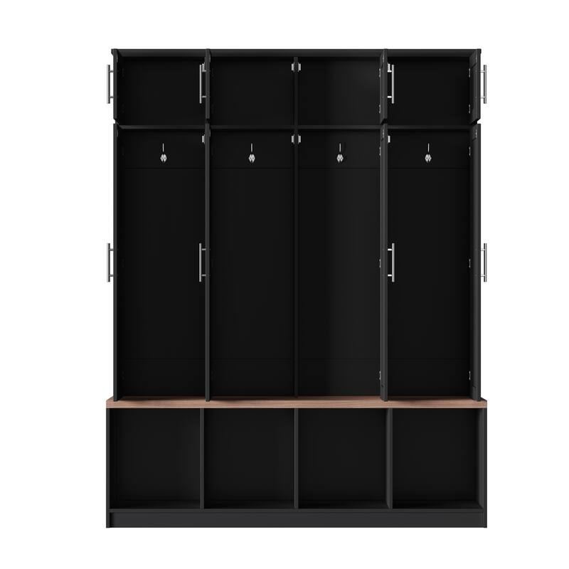 75"H Hall Tree with Walnut Storage Bench，Entryway Shoe Cabinet with Open Compartments and 8 Doors, 4 Hidden Hanging Hooks