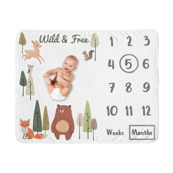 slide 2 of 5, Sweet Jojo Designs Woodland Animals Boy, Girl, Unisex/Gender Neutral Baby Monthly Milestone Blanket - Sage Green, Forest Friends