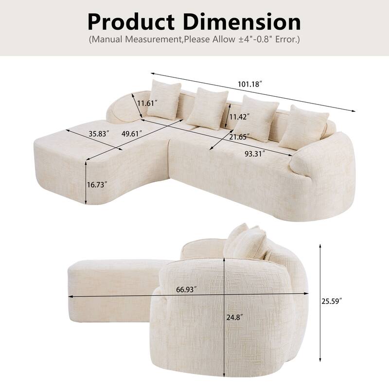 Chenille L-Shaped Compressed Sofa, 4-Seat Sectional Couch with Curved Armrests, High-Elastic Sponge & 4 Throw Pillows