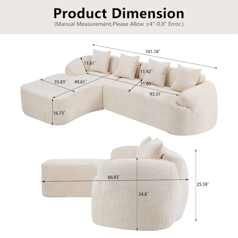 L-Shaped Sectional Sofa with Chaise Lounge, Chenille Upholstered 4 Seater Sofa, Compressed Sofa with Throw Pillows