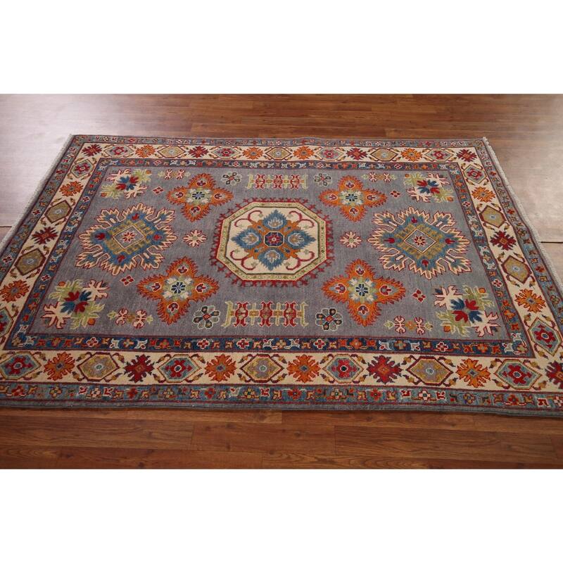 Gray Geometric Kazak Oriental Rug Living Room Handmade Wool Carpet - 4'9" x 6'9"