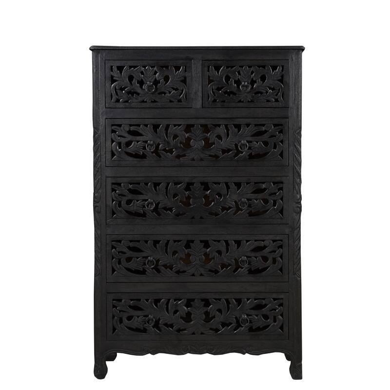 Florence Floral Carved Wood 6-Drawer Chest - Distressed Black