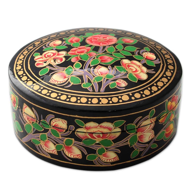 Handmade Papier mache box, 'Rose Grandeur'(India)