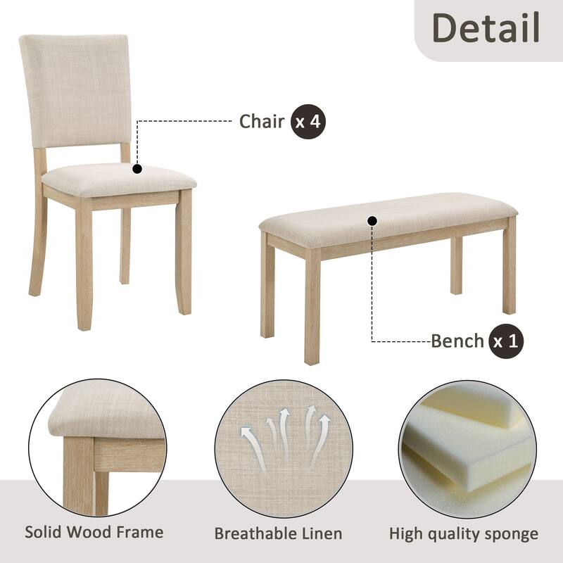 6-Piece Dining Table Set, Wooden Rectangular Kitchen Table Set with Bench and 4 Upholstered Chairs for Kitchen, Dining Room