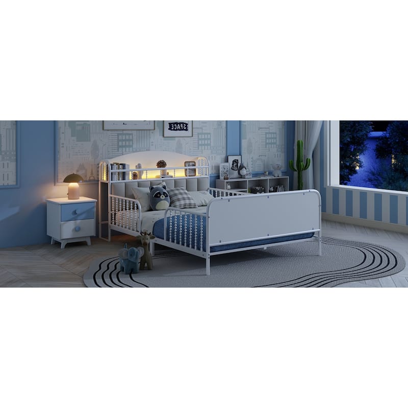 Roomfitters Twin/Full Metal Platform Bed, LED Storage Headboard and Guardrails with Metal Frame for Bedroom or Guest Room