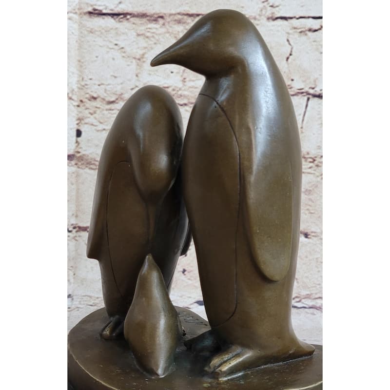 Penguin Family On Heart Shaped Marble Base Bronze Statue Figure Sculpture 8 Inches X 6 Inches