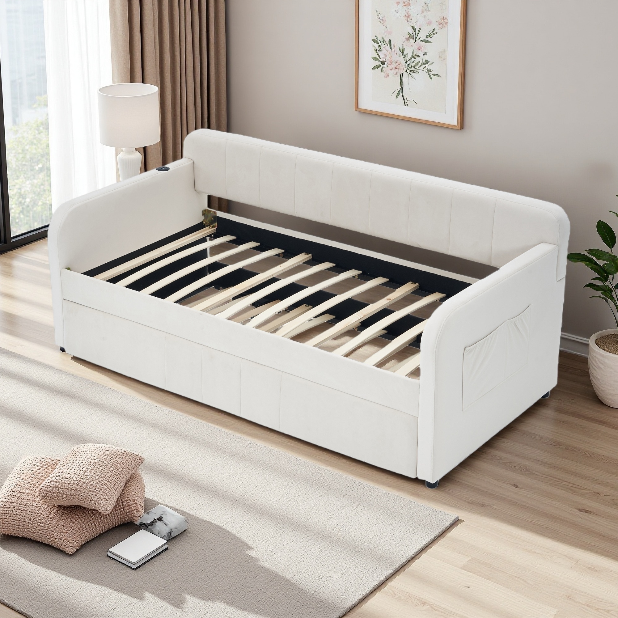 Twin Size Upholstered Daybed Frame with Trundle, Solid Pine Wood, Space-Saving Sofa Bed for Bedroom with Wood Slat Support
