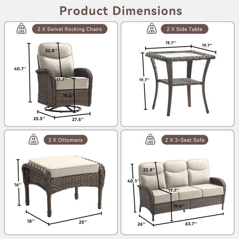 Pocassy Patio 8-Piece Sofa Swivel Chair Table with Ottoman