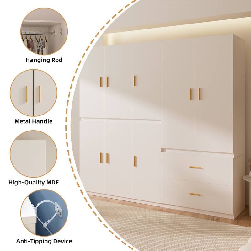 Meyreso White Minimalist Modular Wardrobe Closet with Drawers, Convertible Stacking Armoire - N/A