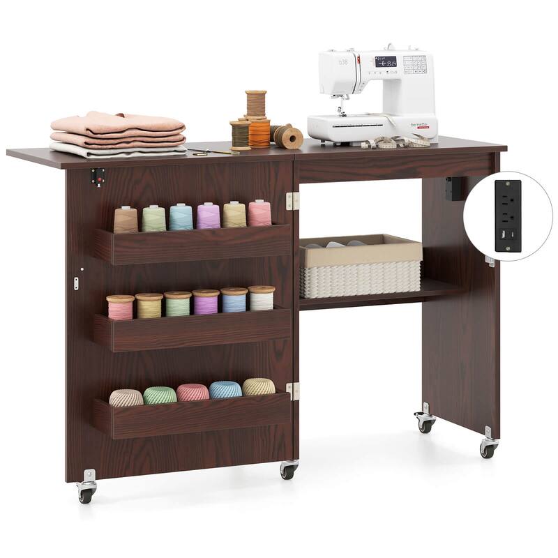 Costway Folding Sewing Table Rolling Craft Station with 3 Storage Bins - See Details - Brown