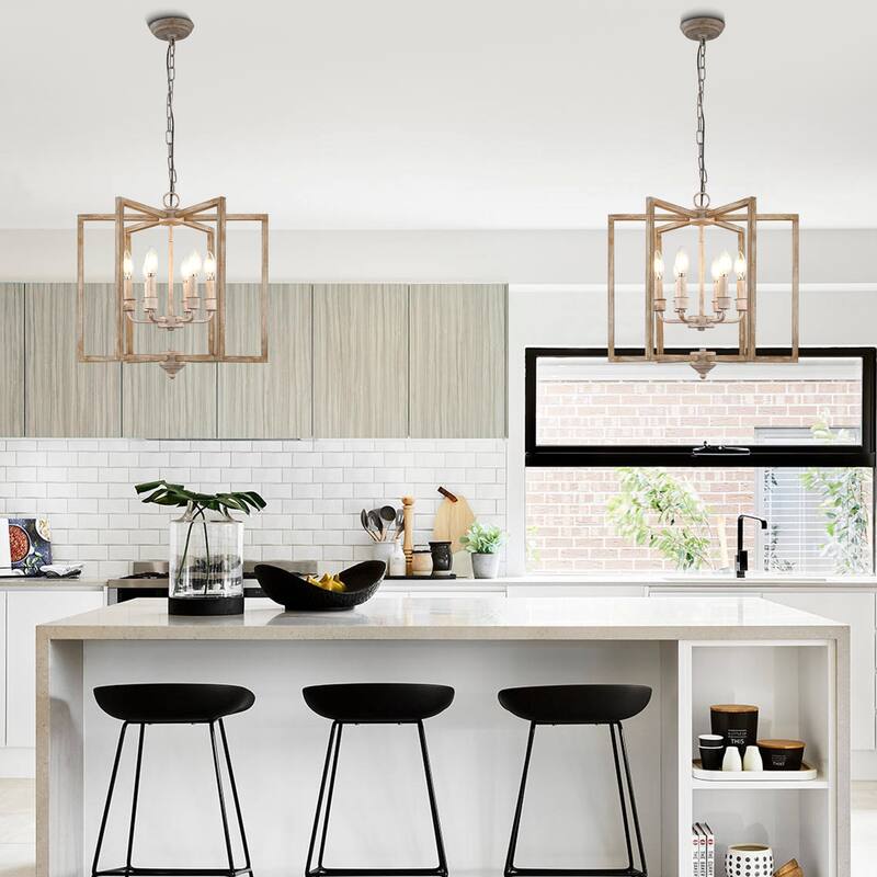 Oaks Aura Wooden Chandelier,Rectangular Frame Pendant Light,Farmhouse Hanging Lamp,Height Adjustable for Living Room,Dining Room