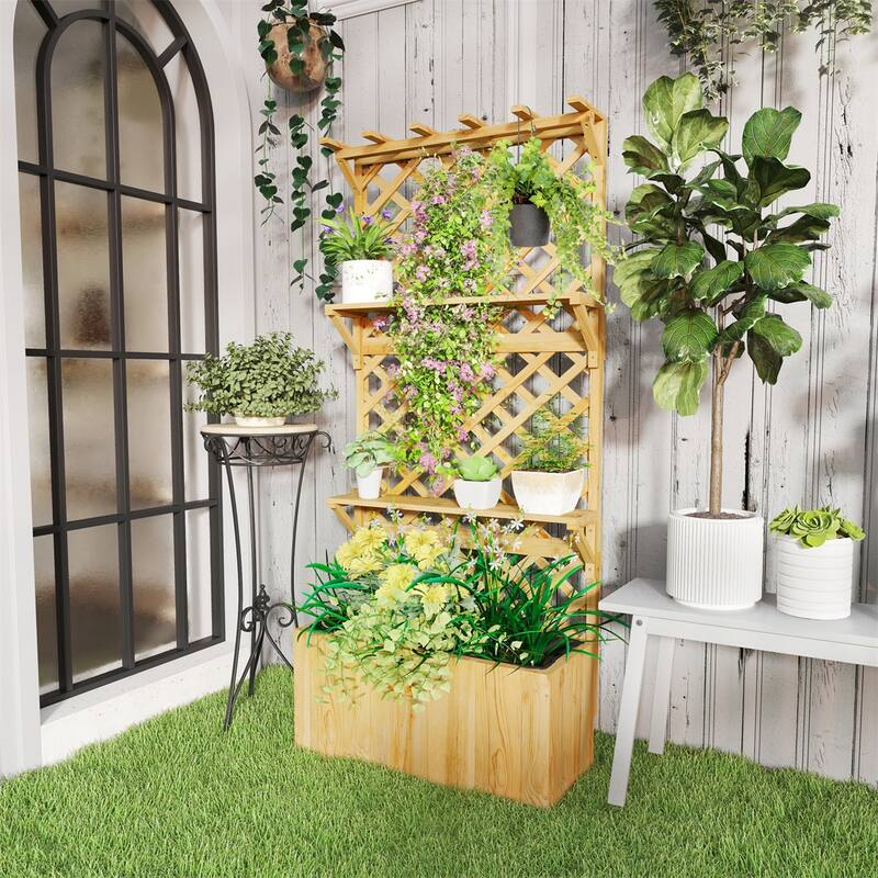 Elevated Garden Bed with Trellis and Shelves for Climbing Plants - 29.9" W x 13" D x 69.7" H - Natural