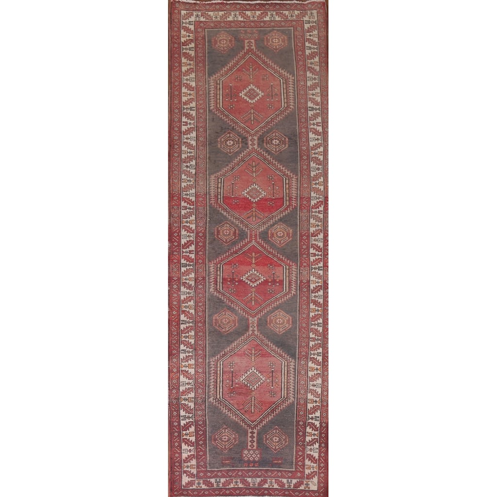 Hand Knotted Oriental 100% Wool Carpet Traditional Geometric Greys & Charcoal Ardebil Runner Rug - 12' 9'' X 3' 7''