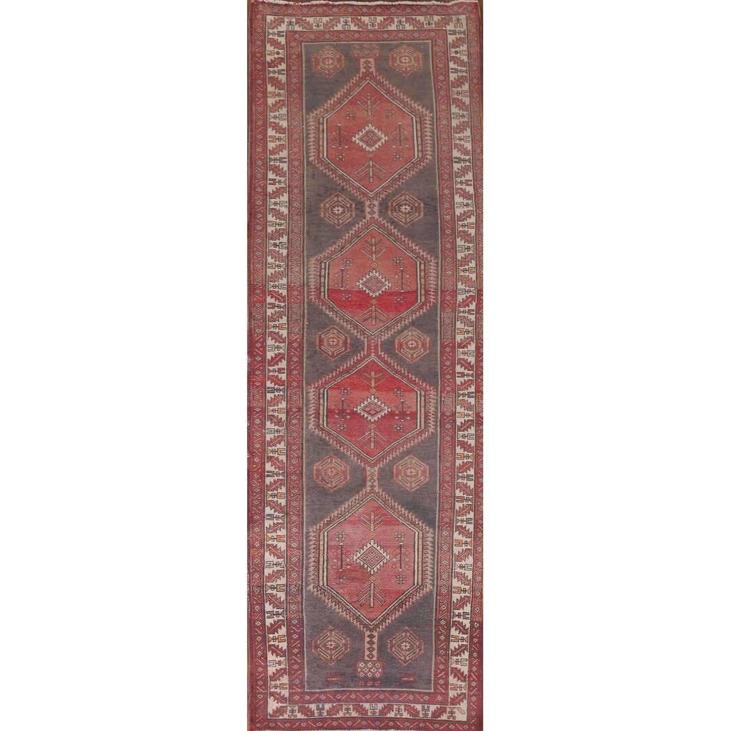 Hand Knotted Oriental 100% Wool Carpet Traditional Geometric Greys & Charcoal Ardebil Runner Rug - 12' 9'' X 3' 7''