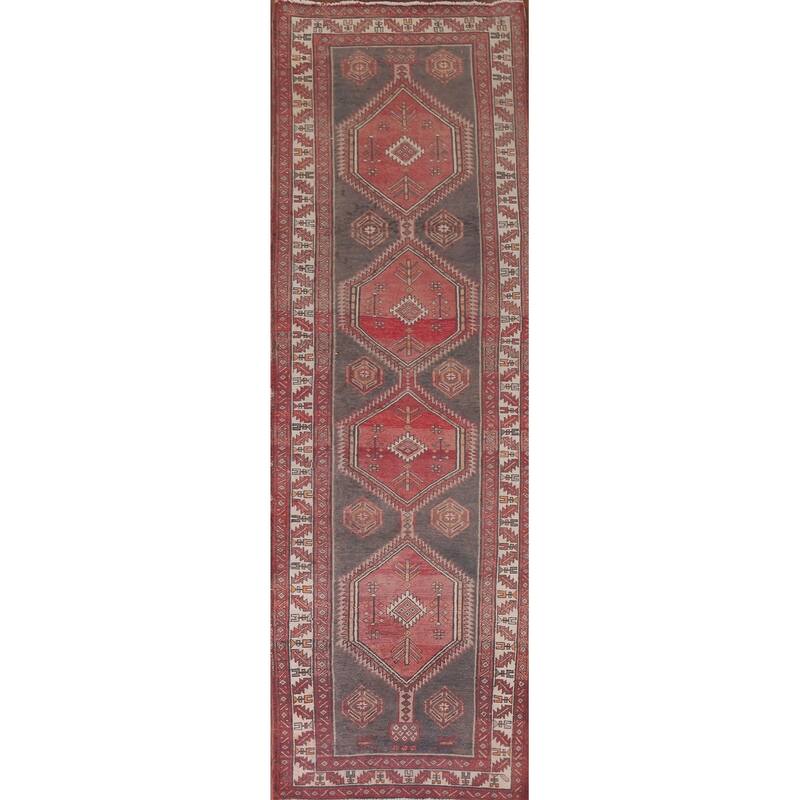 Hand Knotted Oriental 100% Wool Carpet Traditional Geometric Greys & Charcoal Ardebil Runner Rug - 12' 9'' X 3' 7''