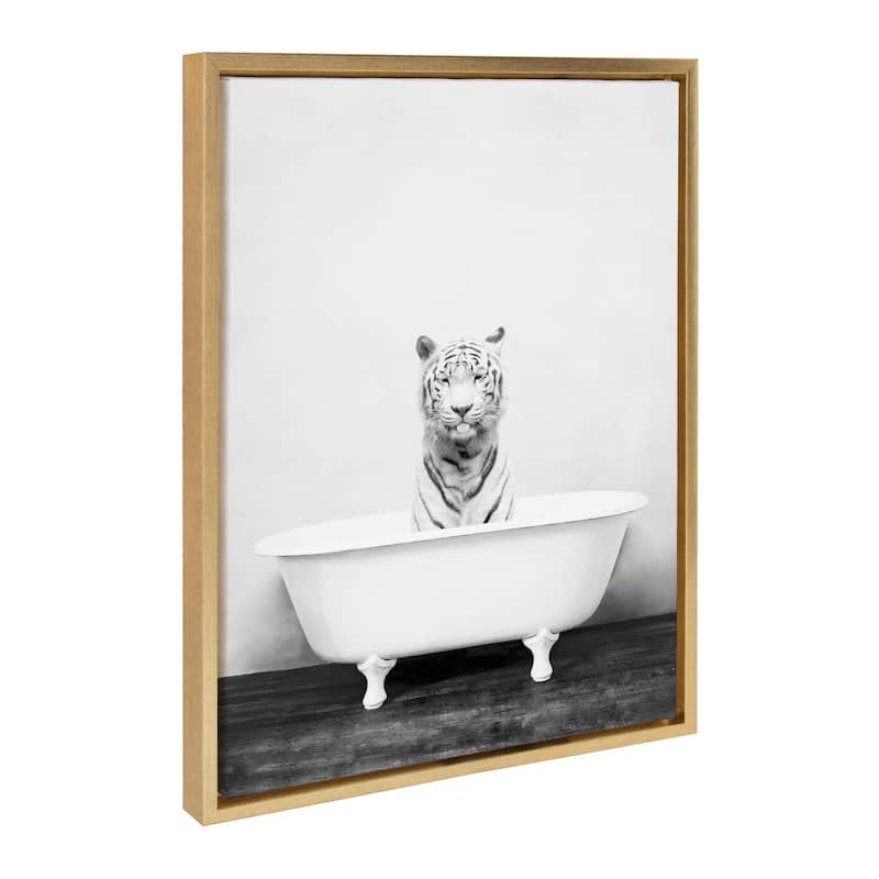 Kate and Laurel Sylvie Tiger in Bathtub Framed Canvas by Amy Peterson - 18x24 - Plastic - Gold