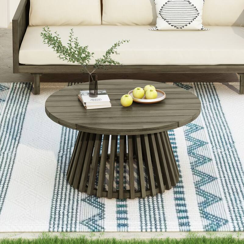 Roomfitters 31.5" Round Outdoor Acacia Wood Coffee Table, Slatted Pedestal Base Patio Table with Weather-Resistant Finish