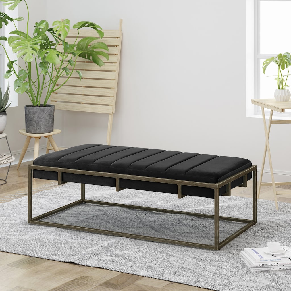 Upholstered Velvet Ottoman Bench with Brass Finish