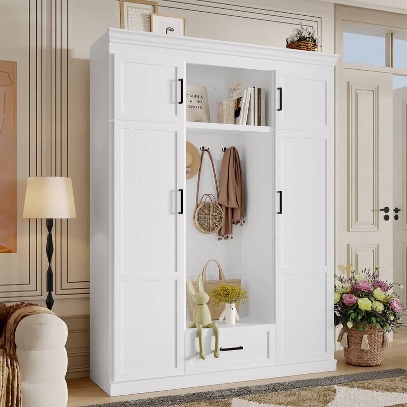85.2''H Hall Tree with Bench and 3 Hooks, Modern Entryway Storage Organizer Cabinet with 4 Doors, 1 Drawer