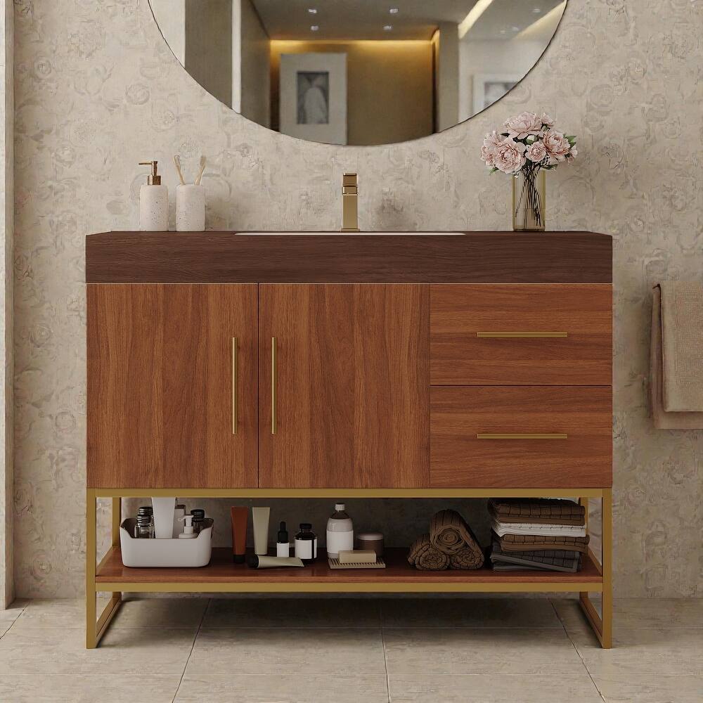 36 Inch Modern Bathroom Vanity with Seamless Ceramic Sink, Freestanding Cabinet with Gold Accents and Storage
