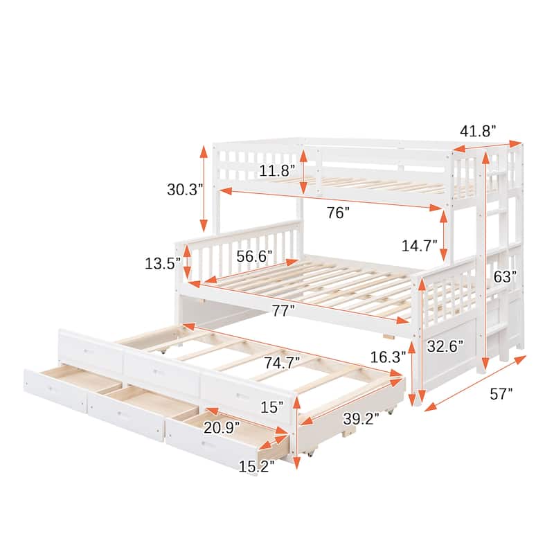 Twin-Over-Full Bunk Bed with Trundle and 3 Drawers, Playhouse-Inspired Design