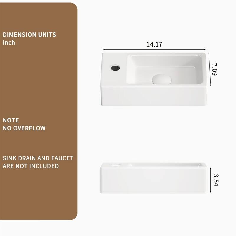 Wall-Mounted Ceramic Bathroom Sink with Silver Color Faucet & Drain