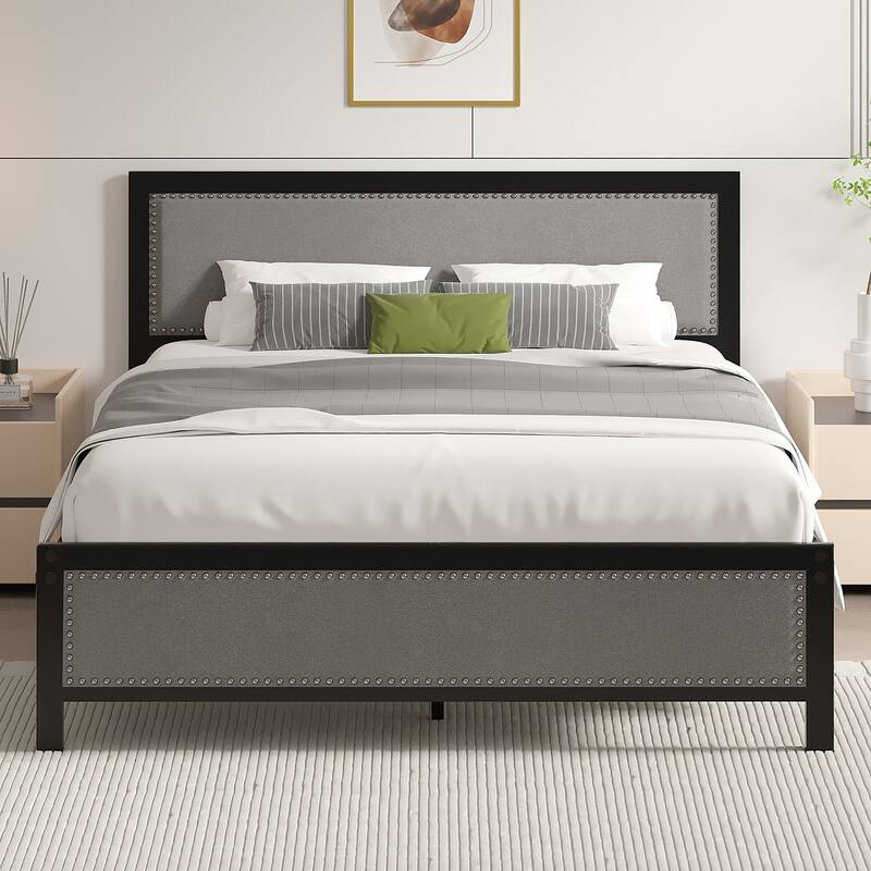 Metal Bed Frame with Linen Upholstered Nailhead Headboard, Platform Bed with 12.6" Under Bed Storage, No Box Spring Needed - Grey - Full