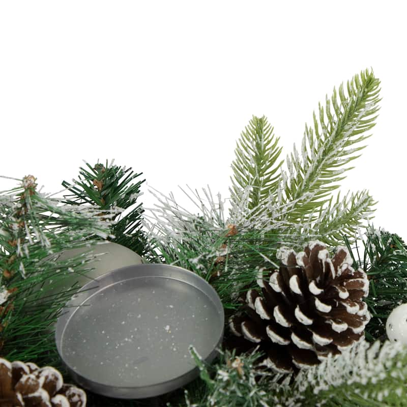 32" Green Frosted Pine Triple Candle Holder with Christmas Ornaments and Pinecones
