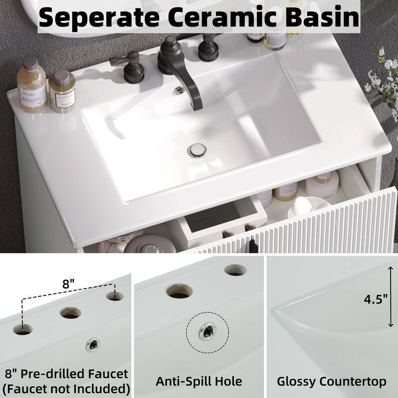 30-Inch Bathroom Vanity with a Ceramic Sink, Full-Extension Drawers, Soft-Close Undermount Slides, and a Fluted Design.