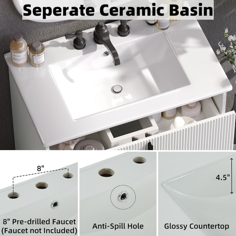 Fluted Bathroom Vanity with Ceramic Sink, Freestanding Bathroom Storage Cabinet, Bathroom Vanities with Full-Extension Drawers
