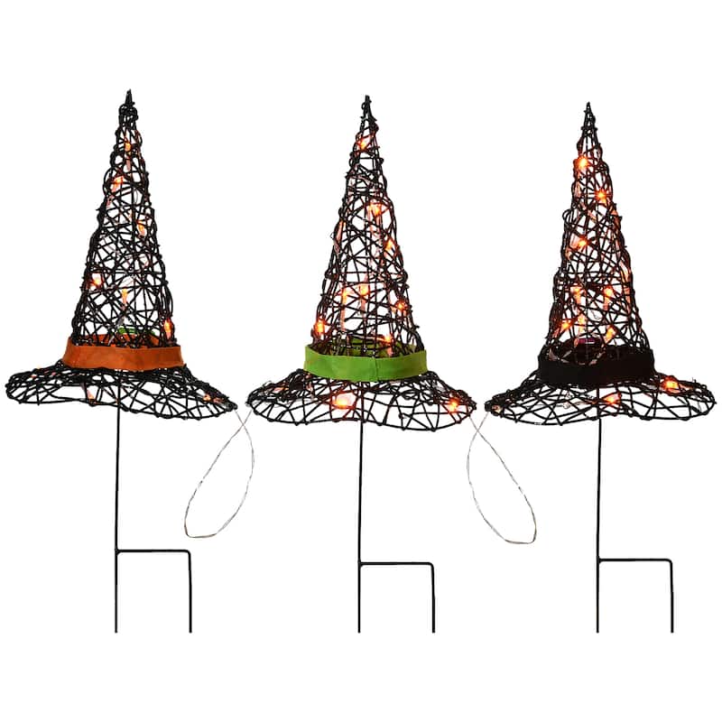 National Tree Company Halloween Pre-Lit Black Witch's Hat Garden Stakes, 23 inches