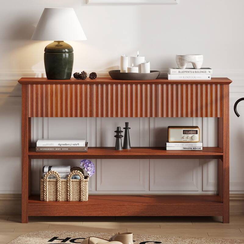 47″ Fluted MDF Console Table with 3 Dual Drawers and Display Shelf