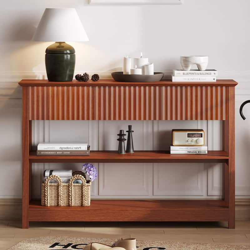 Modern Entryway Accent Table with Fluted Panels, Console Table with 3 Drawers, Hallway Sofa Table with Display Shelf
