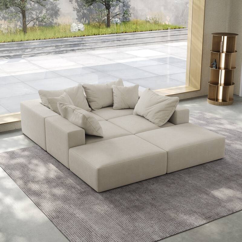 Floor Upholstered Sectional Sofa Modular L Shaped Couch Set with 6 Pillows and Ottomans, Living Room Sleeper Sofa Bed