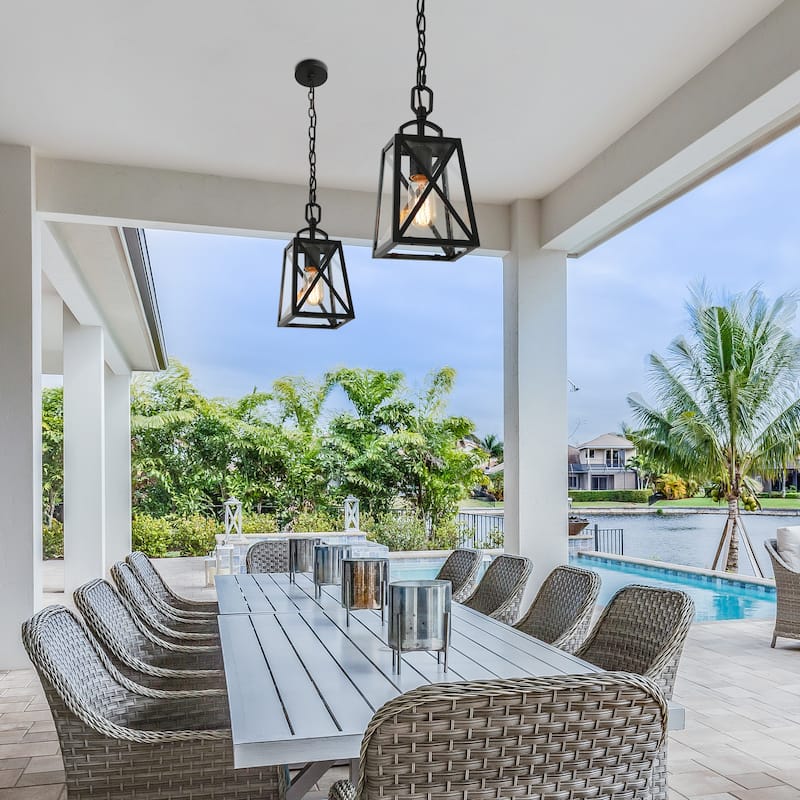 Bern 1-Light Black Lantern Outdoor Light Hanging Pendant with Seeded Glass for Porch - L 5.5"x W 4.5"x H 70"