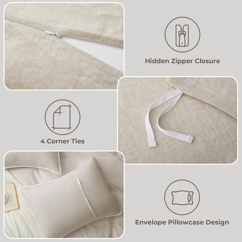 Flax Linen Cotton Blend Duvet Cover Set, Durable, Breathable and Moisture-Wicking, 3 Piece Bedding Set