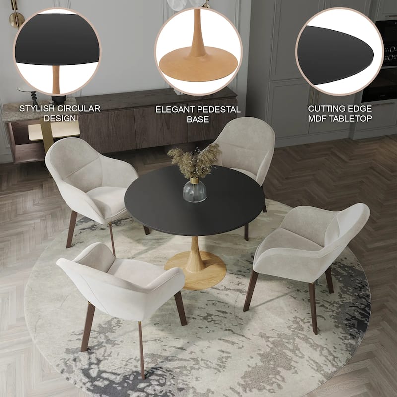 Bristol 35" Round Dining Table with MDF Top and Natural Wood Steel Pedestal Base for Modern Kitchen and Dining Room