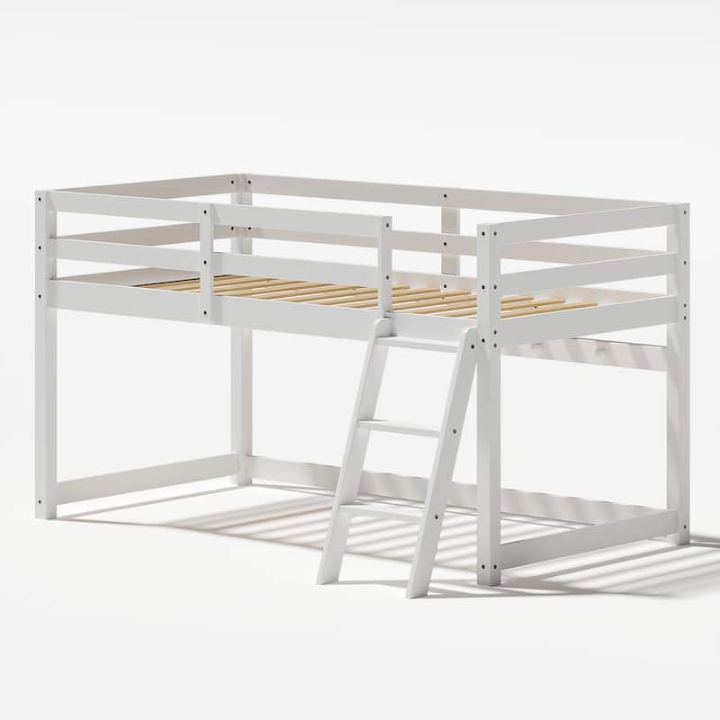 Modern Kids Twin Low Loft Bed - Convertible to Bunk Bed & LED Strip Lighting - White